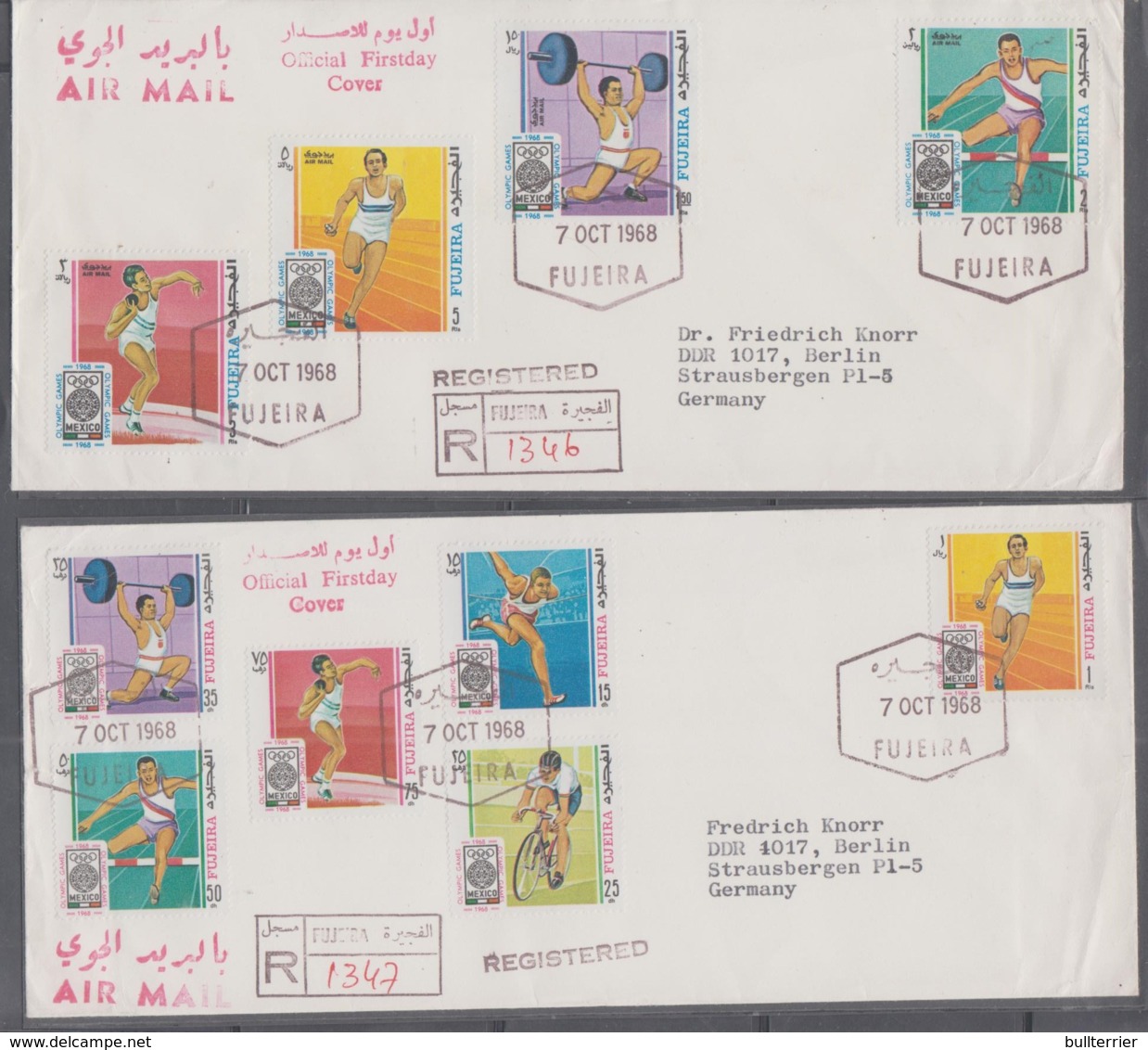 OLYMPICS  -FUJEIRA - 1968 - MEXICO OLYMPICS SET OF 10 ON 2 REG  ILLUSTRATED FIRST DAY COVER, POSTALY USED,SCARCE - Summer 1968: Mexico City
