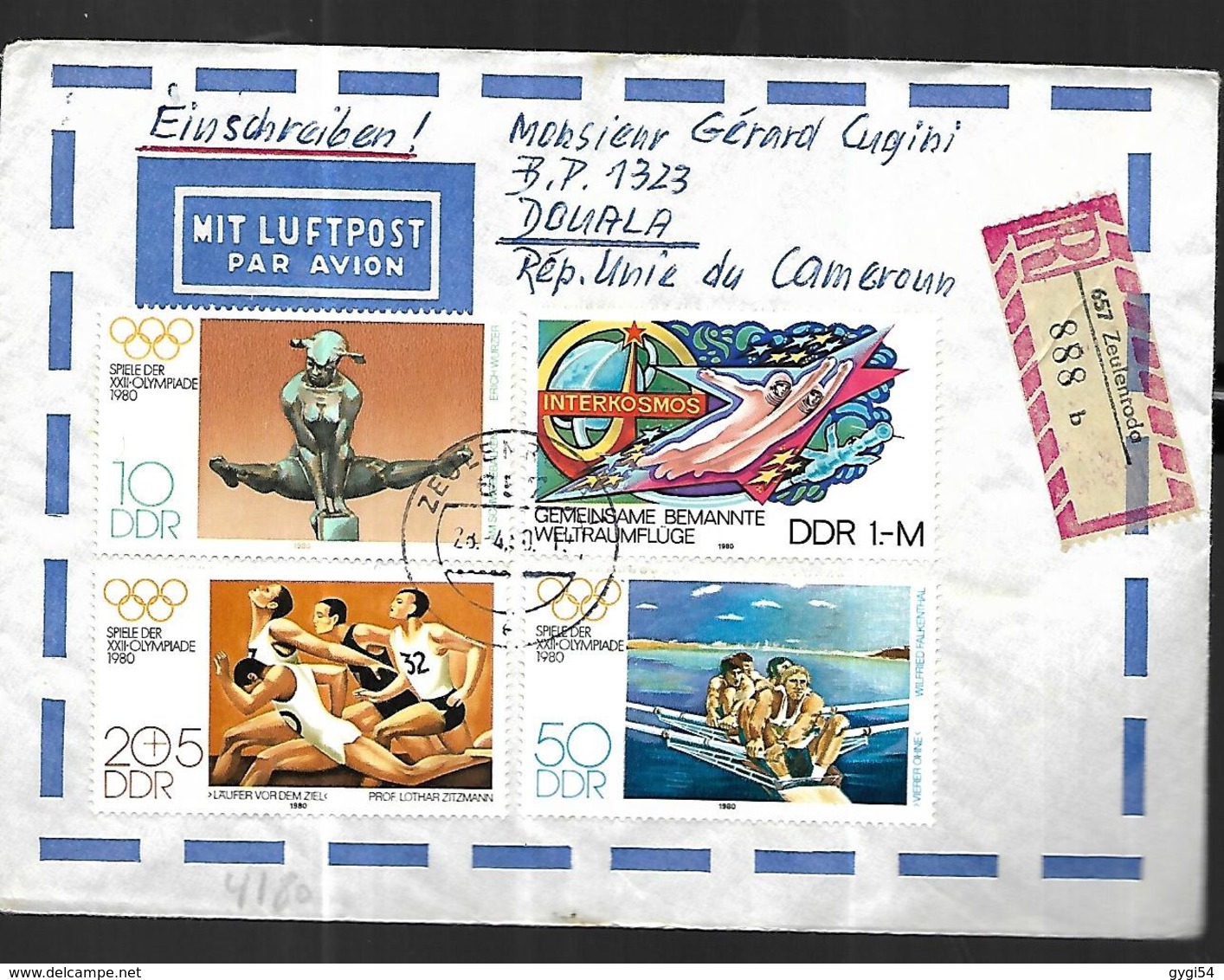 DDR  Lettre Du 28 04 1980 En Recommandée Par Avion De Zeulenroda ( Thuringe ) Vers Douala ( Cameroun )  Arrivée 07  Mai - Express Stamps