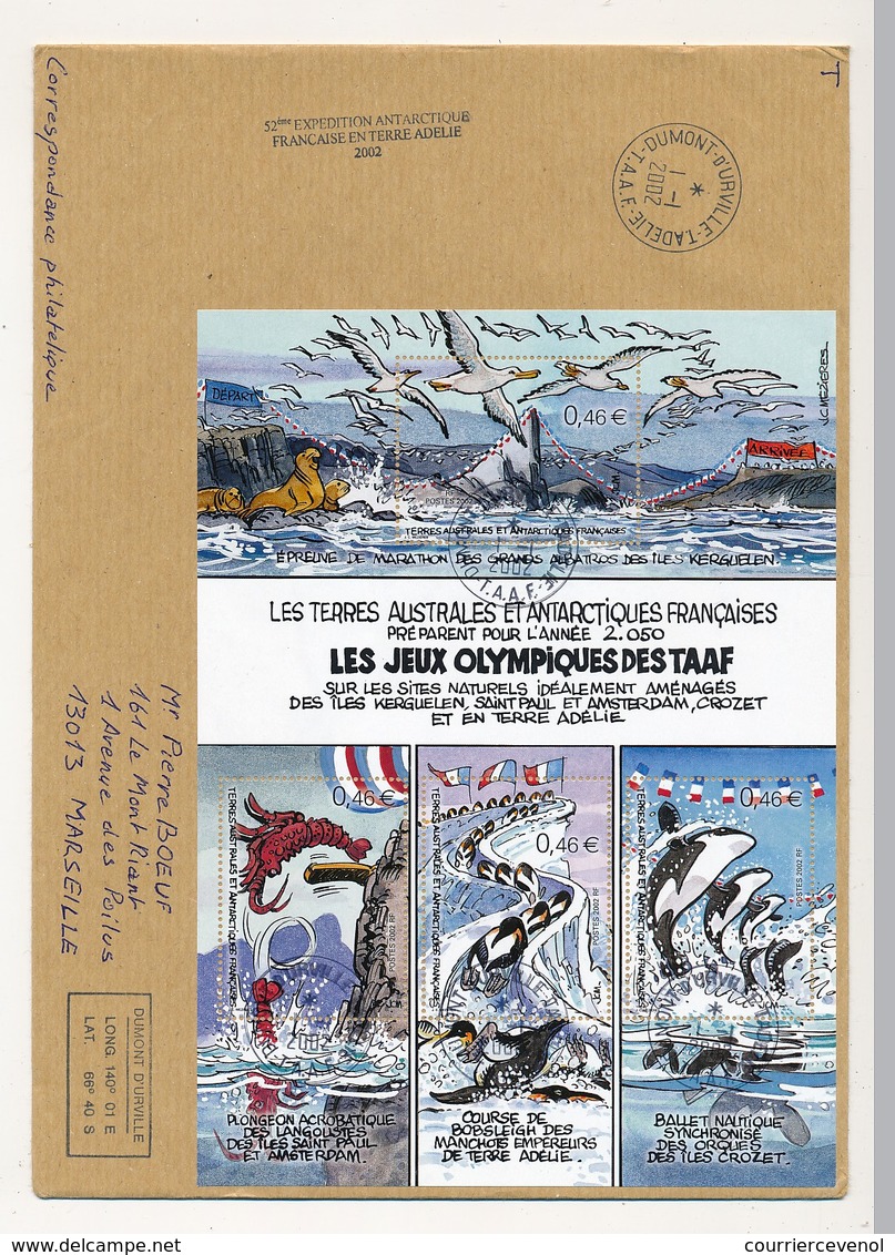 T.A.A.F - Enveloppe Dumont Durville Terre Adélie 1/1/2002 - Bloc "Les Jeux Olympiques Des TAAF" - Storia Postale