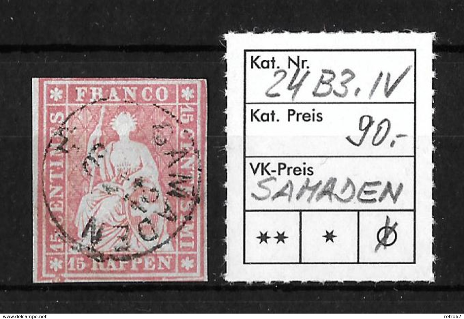 1854-1862 Helvetia (Ungezähnt) Strubel →   Fingerhutstempel  SAMADEN    ►SBK-24B3.IV◄ - Used Stamps