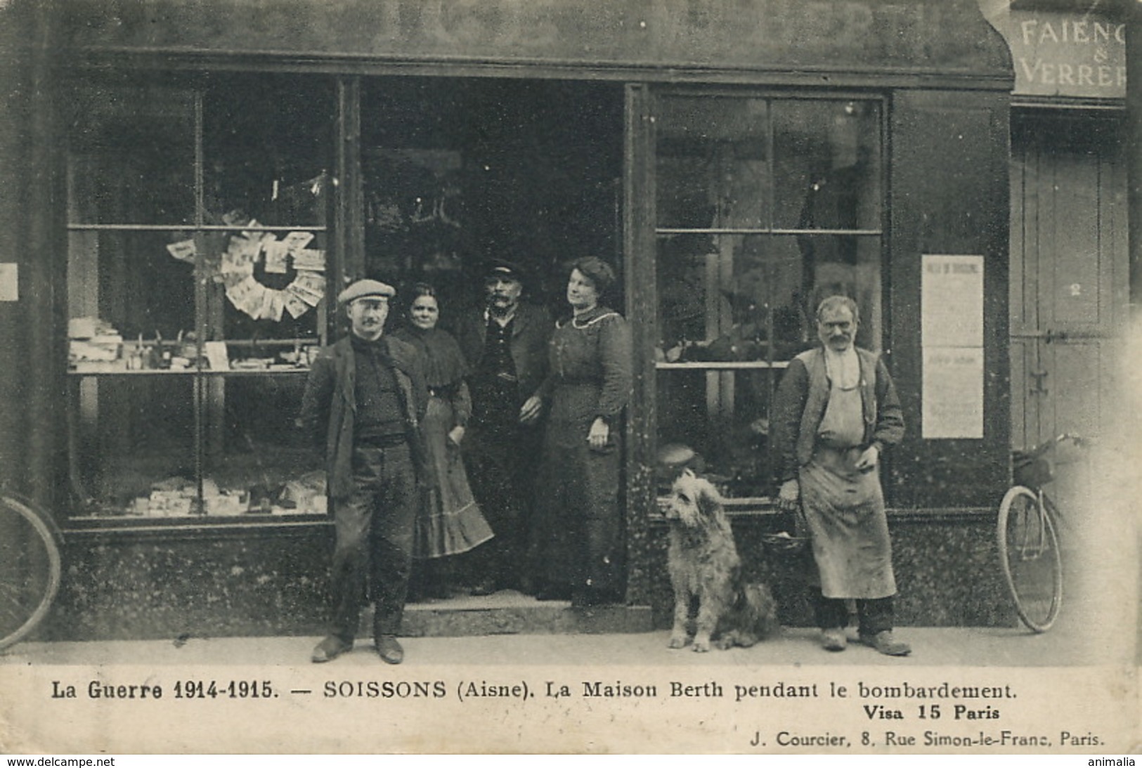 Postcard Dealer Earthenware Faience During Bombing WWI  Berth Family Deltiology Griffin Dog Chien Griffon - Magasins