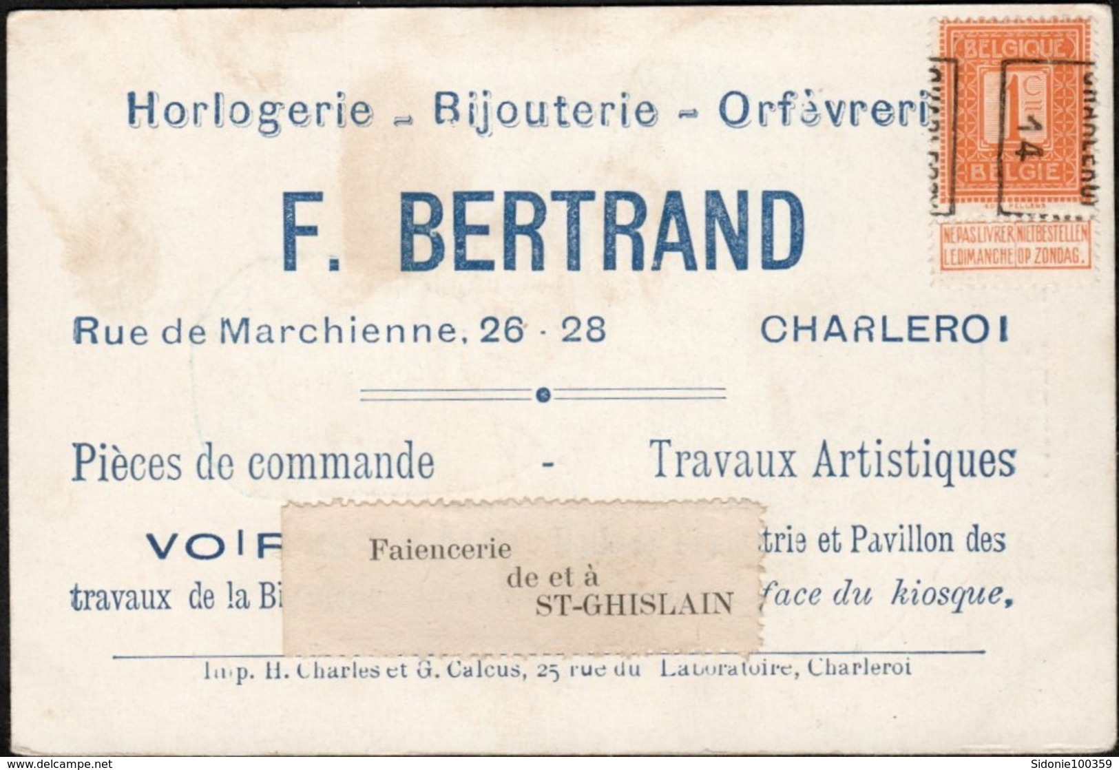 Carte Illustrée Affranchie Avec Un Préoblitéré Envoyée De Charleroi Vers Saint-Ghislain En 1914 - Rolstempels 1910-19