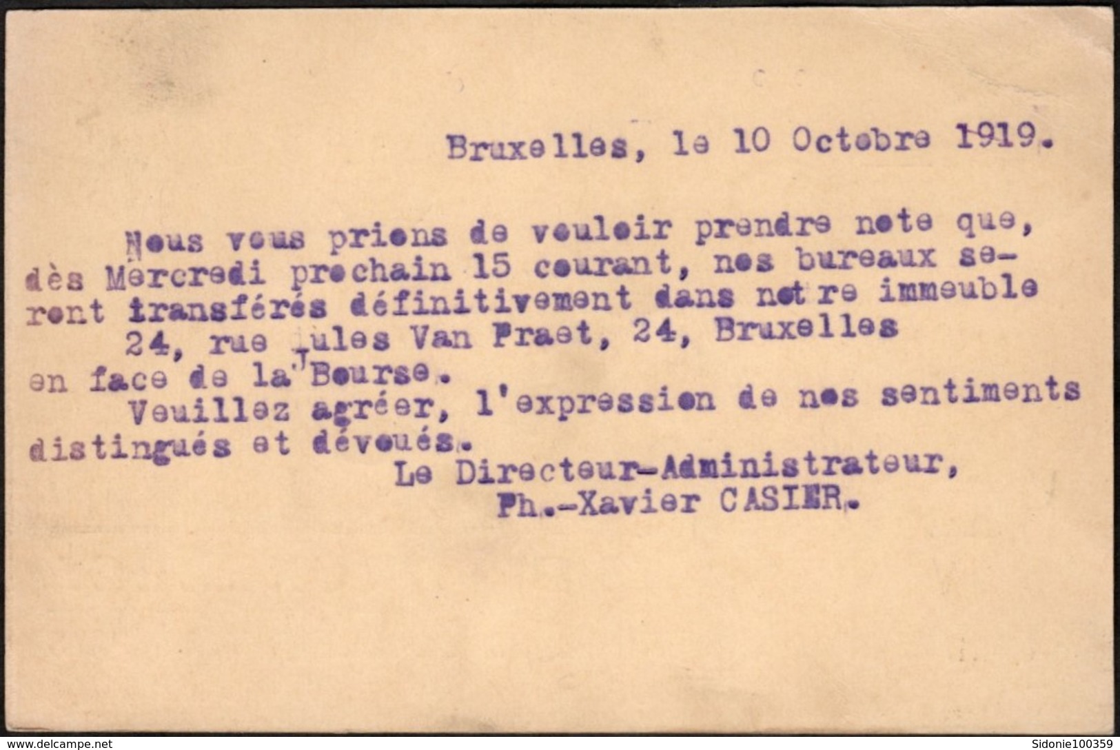 Carte Affranchie Avec Un Préoblitéré Envoyée De Bruxelles Vers Wasmes En 1919 - Rolstempels 1910-19