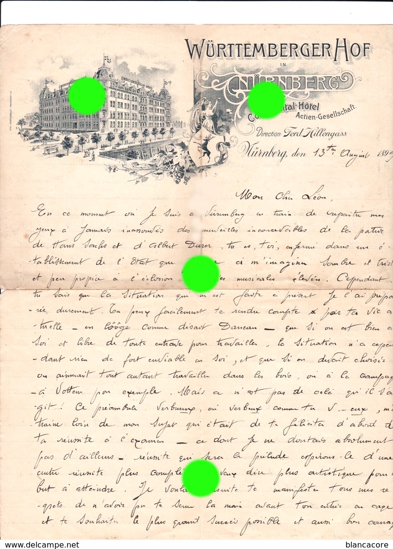 Nürnberg  Nuremberg 1899 Hotel Württemberger Hof / Direct. F Hillengass / RARE - 1800 – 1899