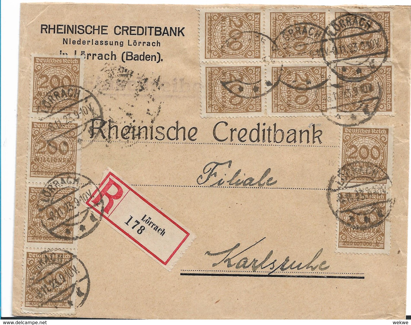 Inf344/ INFLA - Lörrach, Einschreiben 8.11.23 Mit Mi.Nr. 323A (12 Stück) - Briefe U. Dokumente
