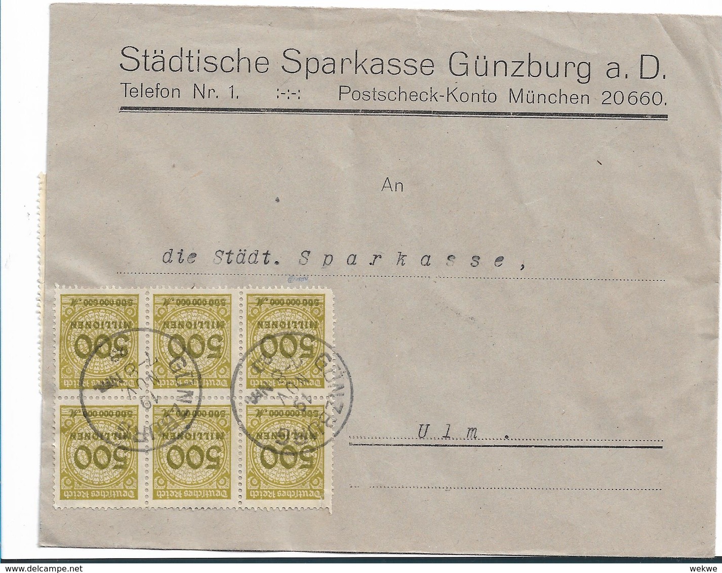 Inf346/ INFLA - Günzburg A.D., Bankbrief 19.11.23 M. Mi. 324 (20x) 6-er-Block Vorderseitig, 14-er Einheit Rückseitig - Briefe U. Dokumente