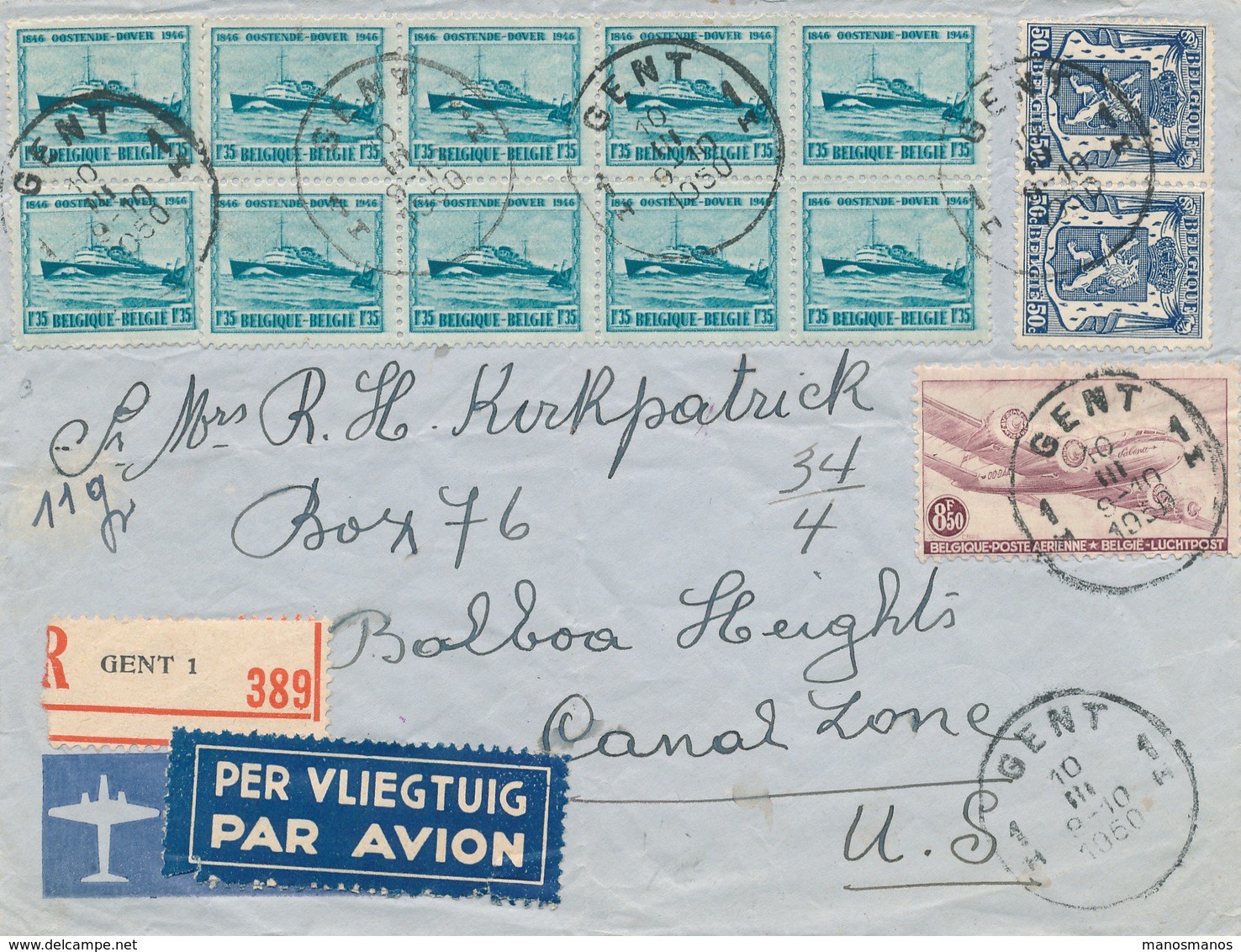 832/28 - Lettre AVION Recommandée TP Douglas , Ostende-Douvres Et Petit Sceau GENT 1950 Vers CANAL ZONE U.S. - Autres & Non Classés