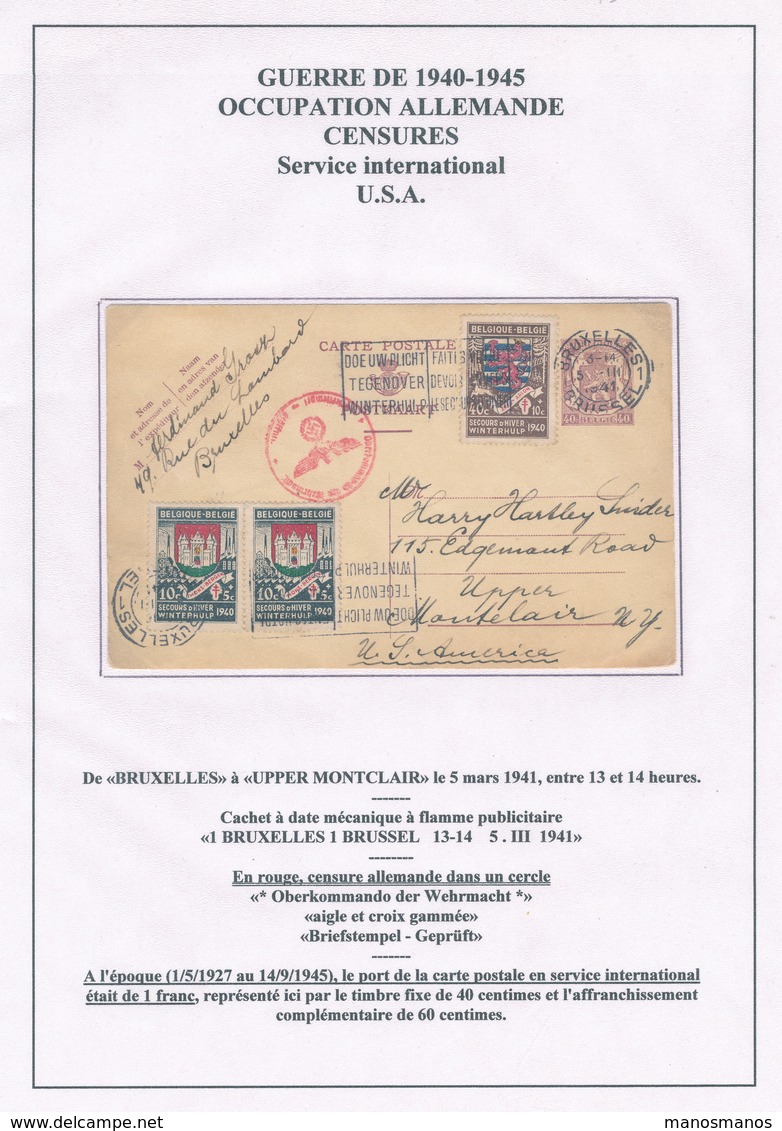 838/28 - SECOURS D' HIVER - Entier Postal Petit Sceau + TP Secours BRUXELLES 1941 Vers USA - Censure Allemande - Guerre 40-45 (Lettres & Documents)
