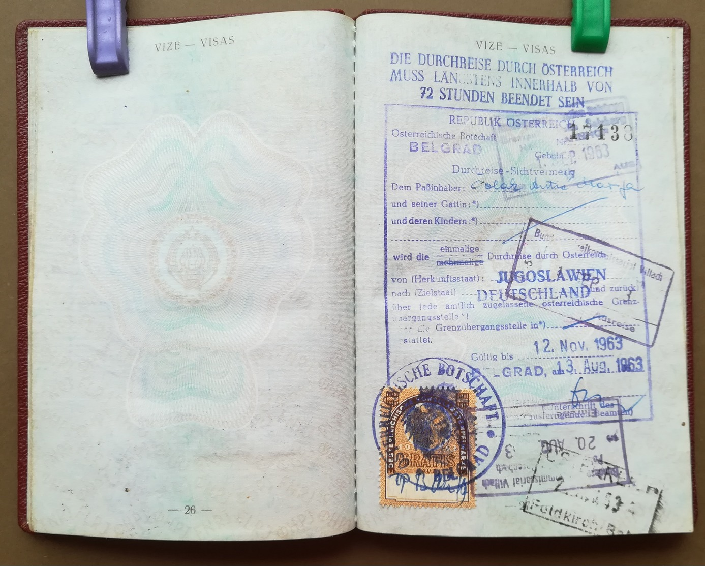 1962 YUGOSLAVIA Passport Revenues and Visas Belgique UK France Austria Greece Visas Sudan Switzerland Germany