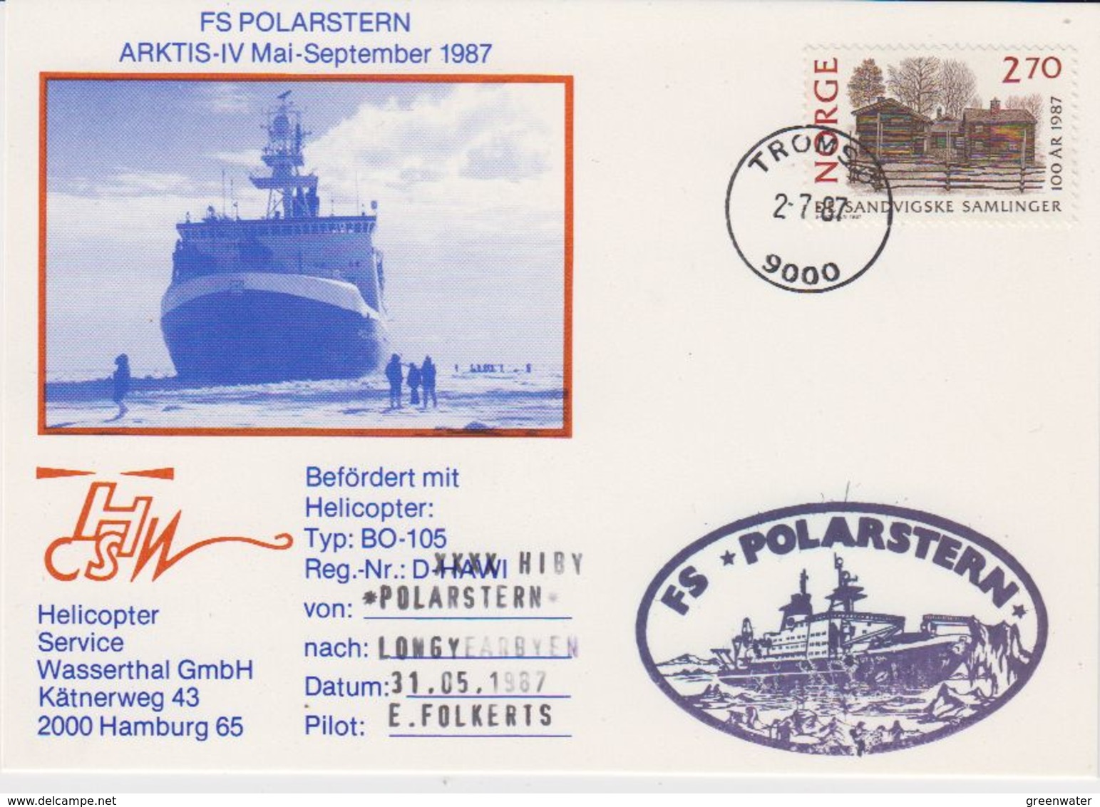 Norway 1987 Arctica Heliflight From Polarstern To Longyearbyen 31.05.1987 Postcard (42333) - Poolvluchten