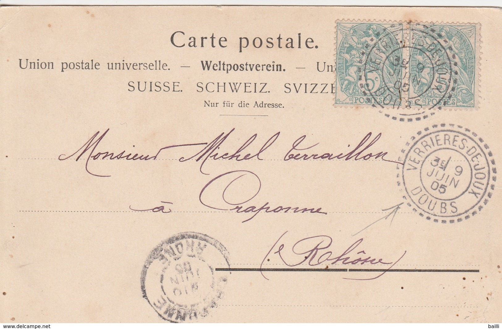 France Joli Cachet Perlé Verrières De Joux Sur Carte 1905 - 1877-1920: Semi Modern Period