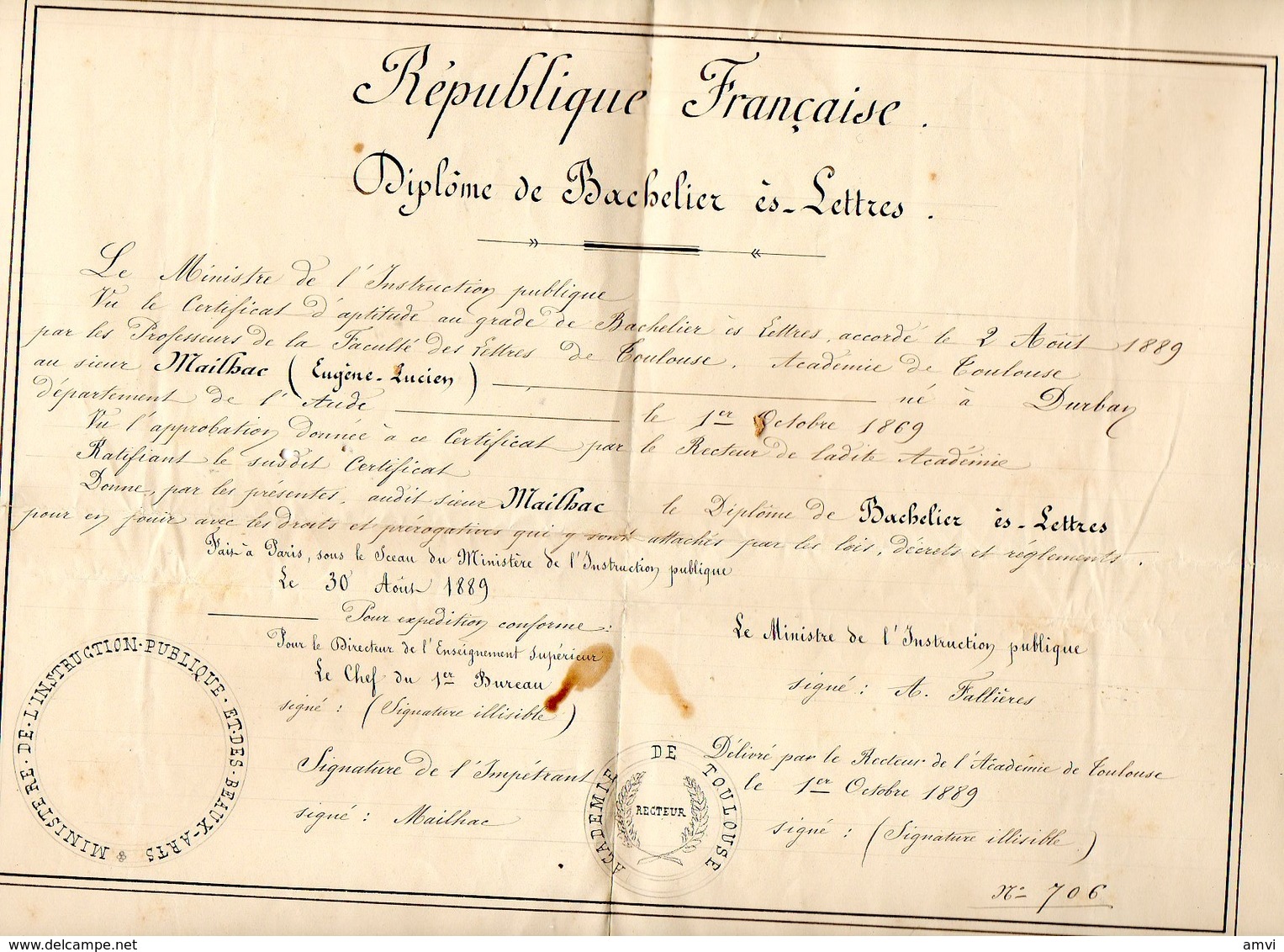 B001 - BACHELIER ES LETTRES -  1889 Copie Conforme Diplome -mailhac - Cachet Durban  Aude - Diplômes & Bulletins Scolaires