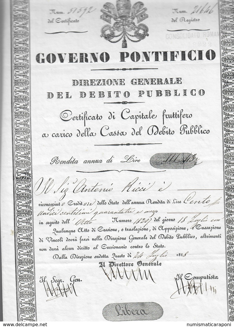 Governo Pontificio Direzione Generale Del Debito Pubblico Certificato Di Capitale Fruttifero COD Doc.081 - Decreti & Leggi
