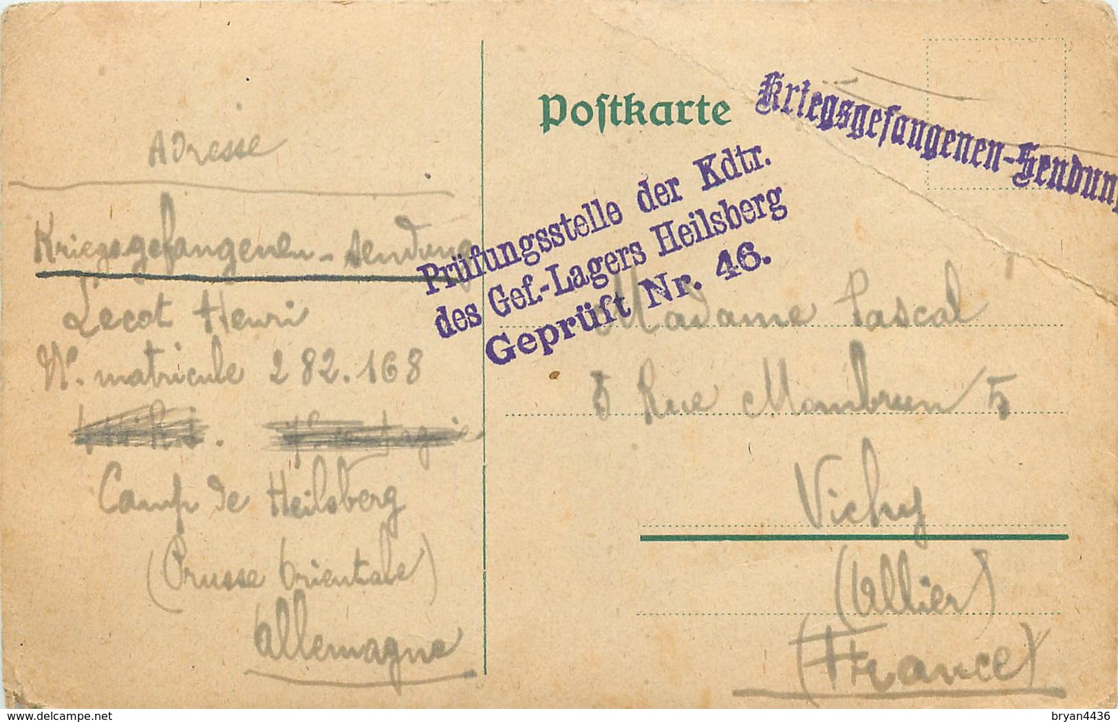 CPA PRISONNIER HEILSBERG - PRUSSE ORIENTALE - GEPRUFT  46 - POILU Du 414° RI -  Vers VICHY (ALLIER)  - AOUT 1918 - Timbres De Franchise Militaire