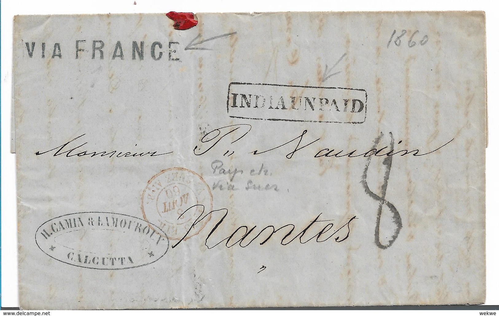 IB061a/ INDIEN (brit.) Kalkutta 1860, INDIAUNPAID  NACH NANTES/Frankreich - Via Suez - 1858-79 Kronenkolonie