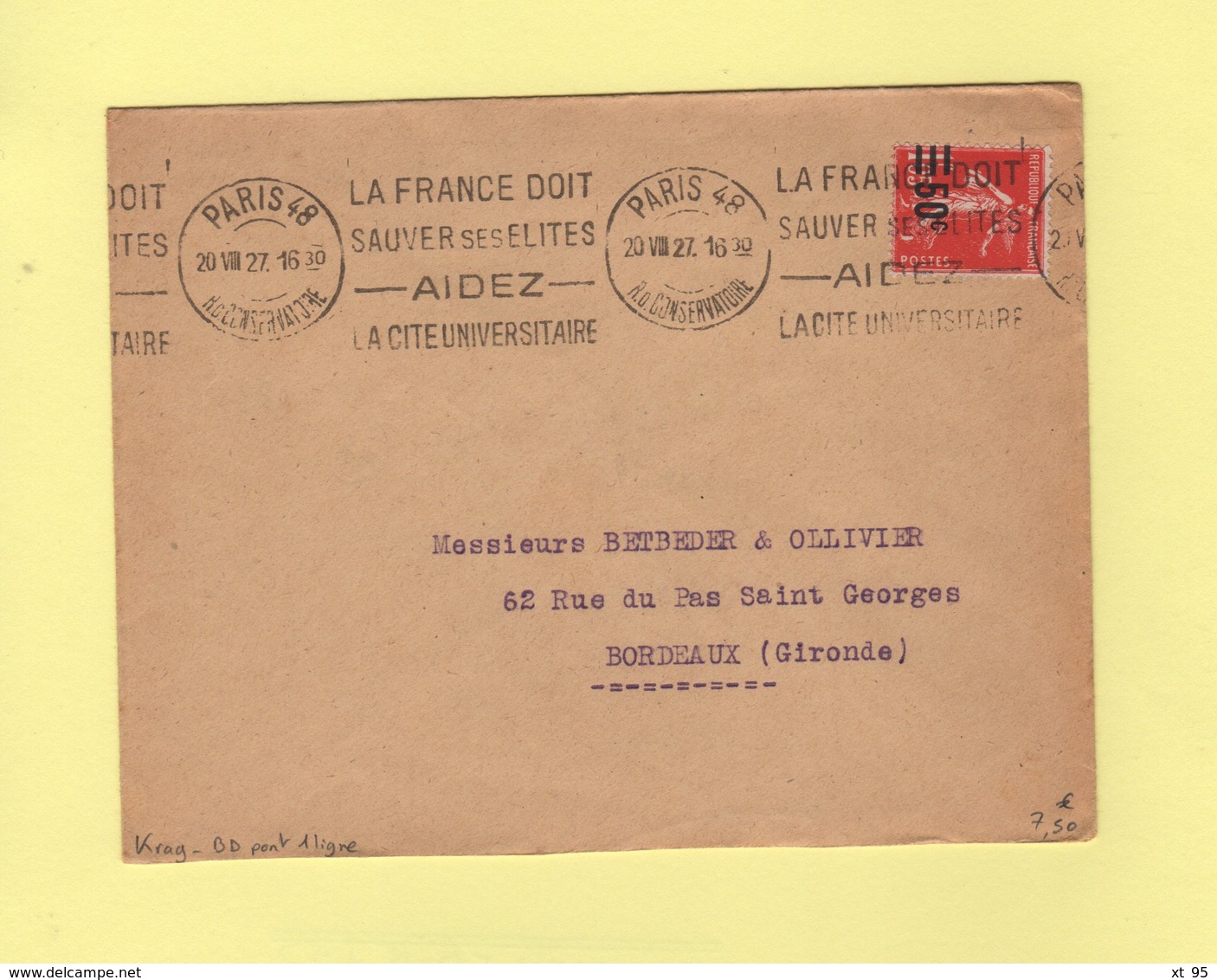 Krag - Paris 48 - Bloc Dateur 1 Ligne Type Pont - La France Doit Sauver Ses Elites - 1927 - Oblitérations Mécaniques (flammes)
