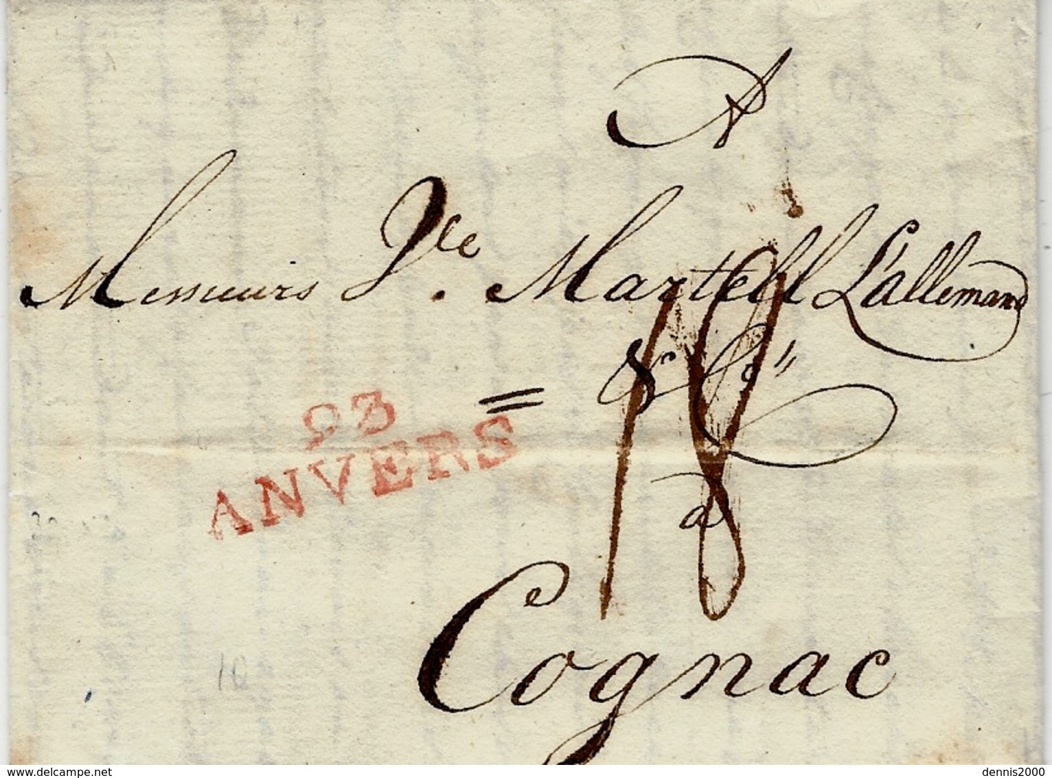 1796- Cover From Amsterdam  Posted  At 93 / ANVERS ( Les Deux Nethes )32 X 10 Mm Rouge To Cognac - 1792-1815: Conquered Departments