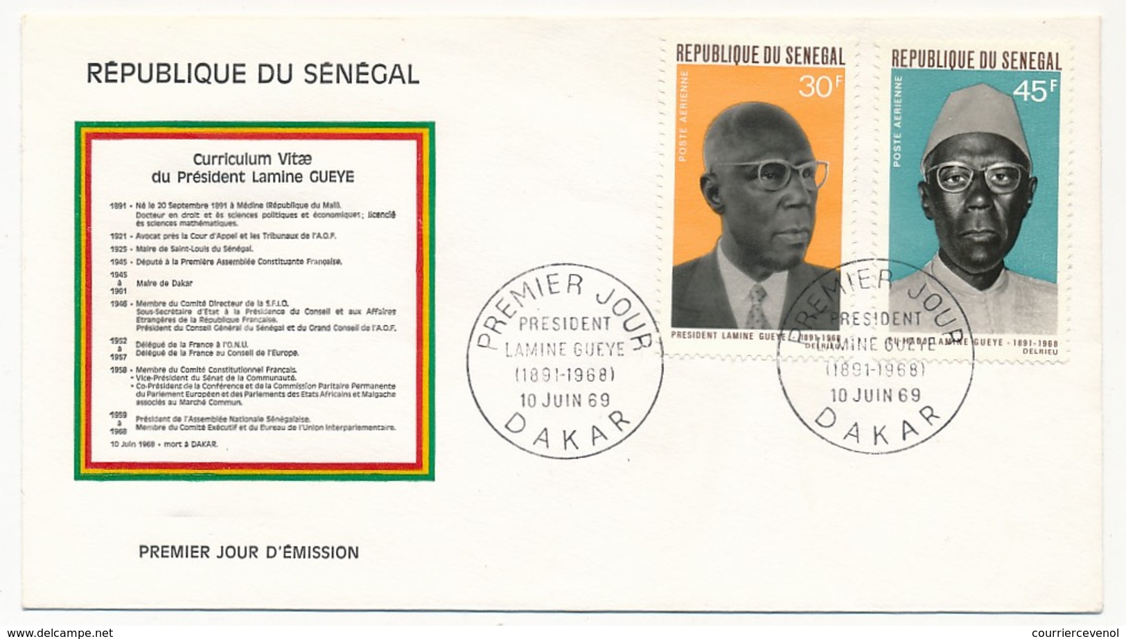 SENEGAL - Enveloppe FDC - Président Lamine Gueye - Premier Jour - DAKAR - 10 Juin 1969 - Senegal (1960-...)