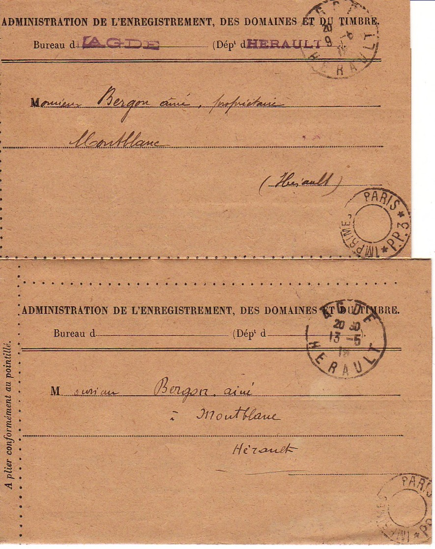 FRANCE : 1919 - Lot 2 Port Payé Imprimés D'Agde - Cachets Manuels