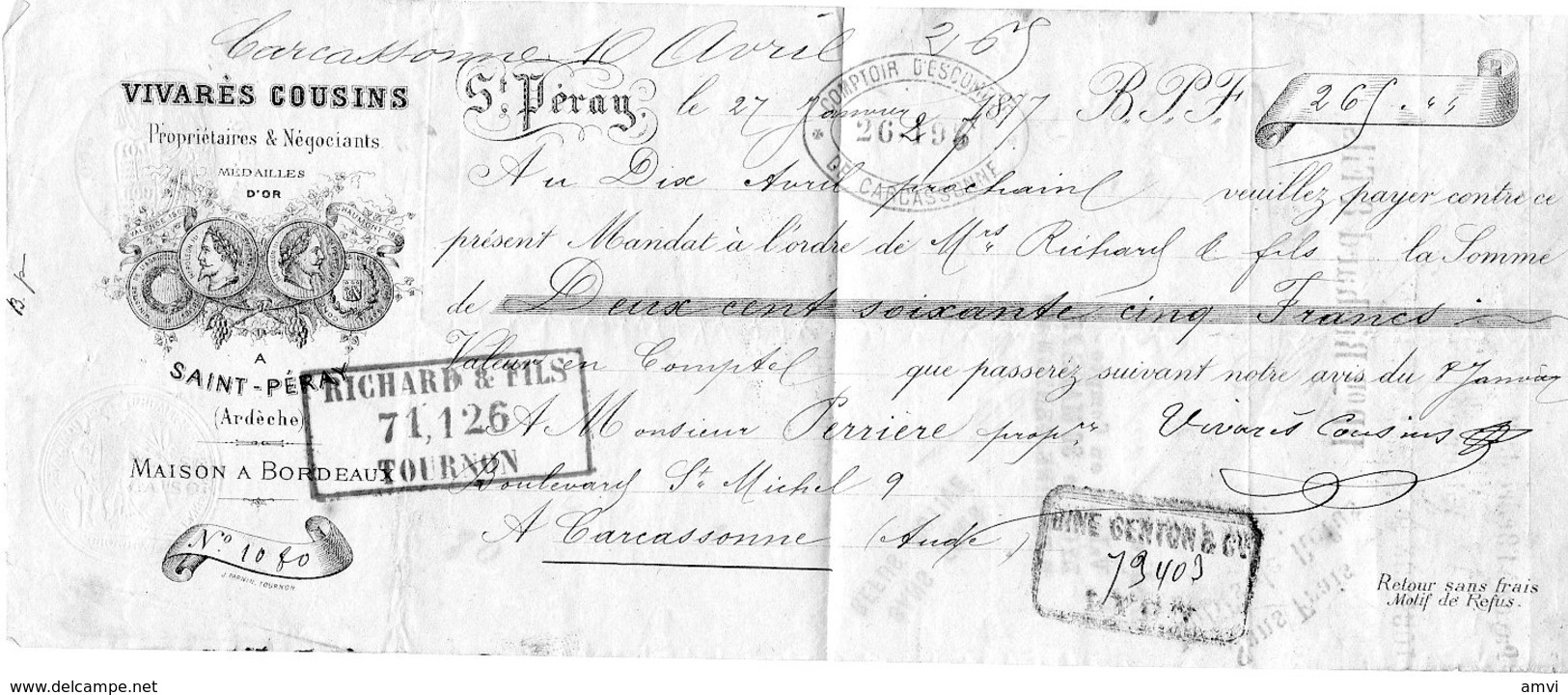 B001 - 1877 - VIVARES COUSINS Négociants - Saint Péray - Ardeche - - Lettres De Change