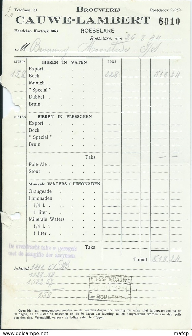 BROUWERIJ CAUWE-LAMBERT - ROESELARE - 1900 – 1949