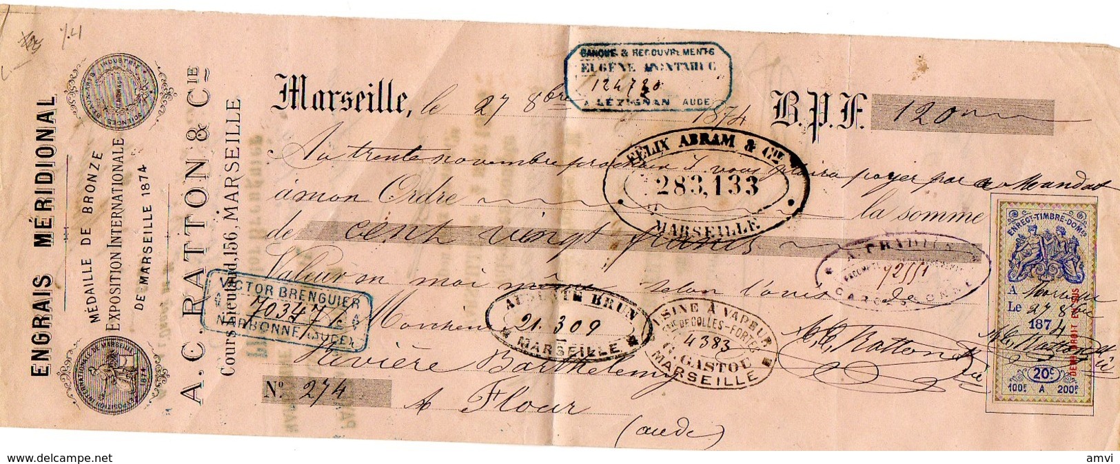 B001 - 1874 - ENGRAIS MERIDIONNAL - RATTON - Marseille Timbre Effets De Commerce Groupe Allegorique - Cambiali