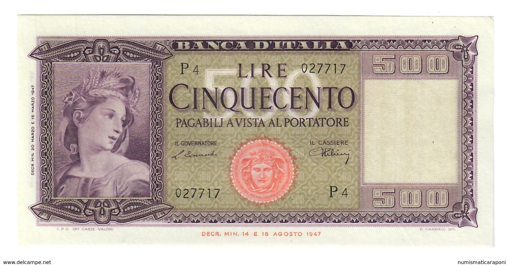 500 Lire Italia 20 03 1947 N.c. Sup/q.fds LOTTO 2268 - 500 Lire