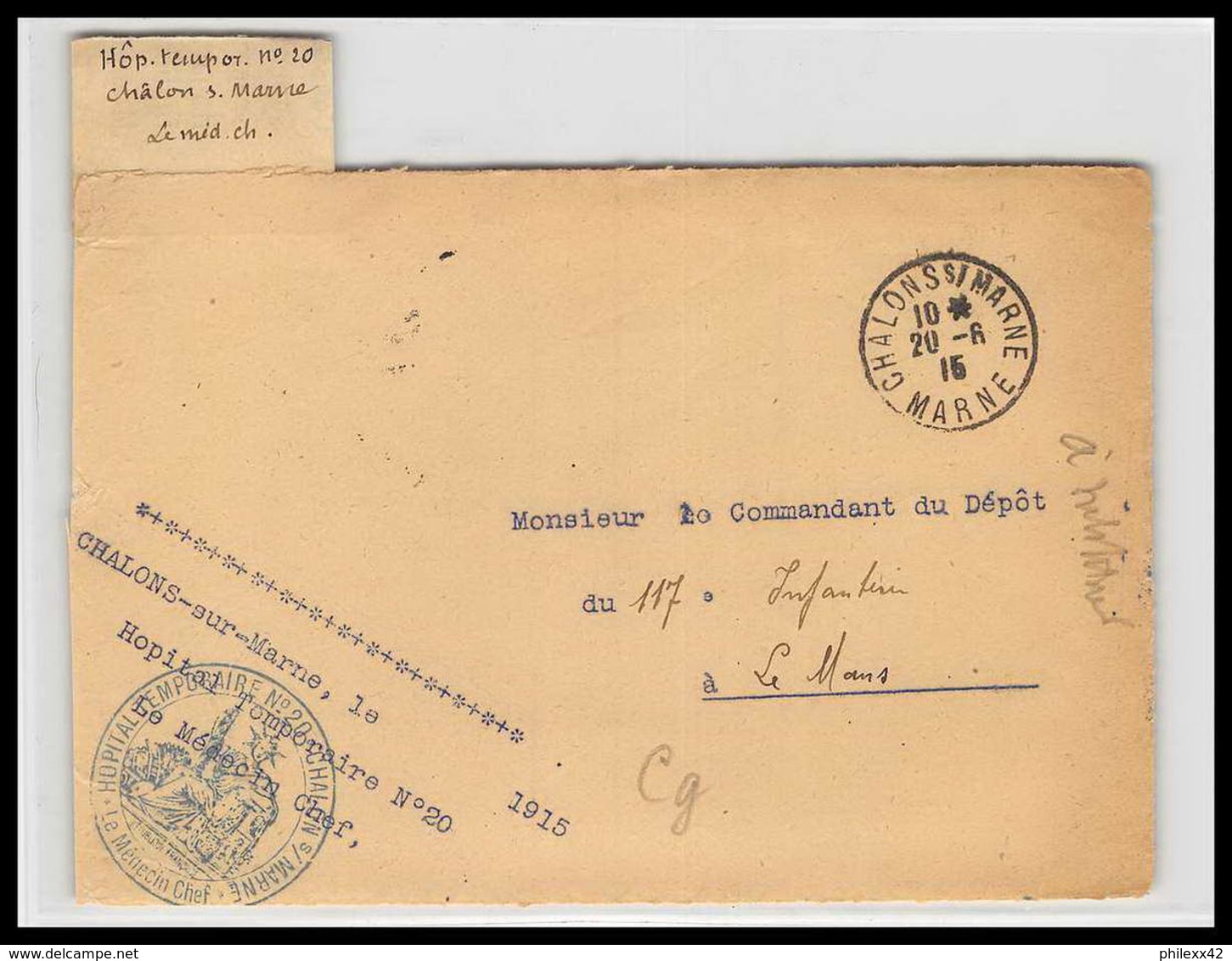 52702 Chalons Sur Marne 1915 Hopital Temporaire 20 Sante Guerre 1914/1918 War Devant De Lettre Front Cover - Guerre De 1914-18