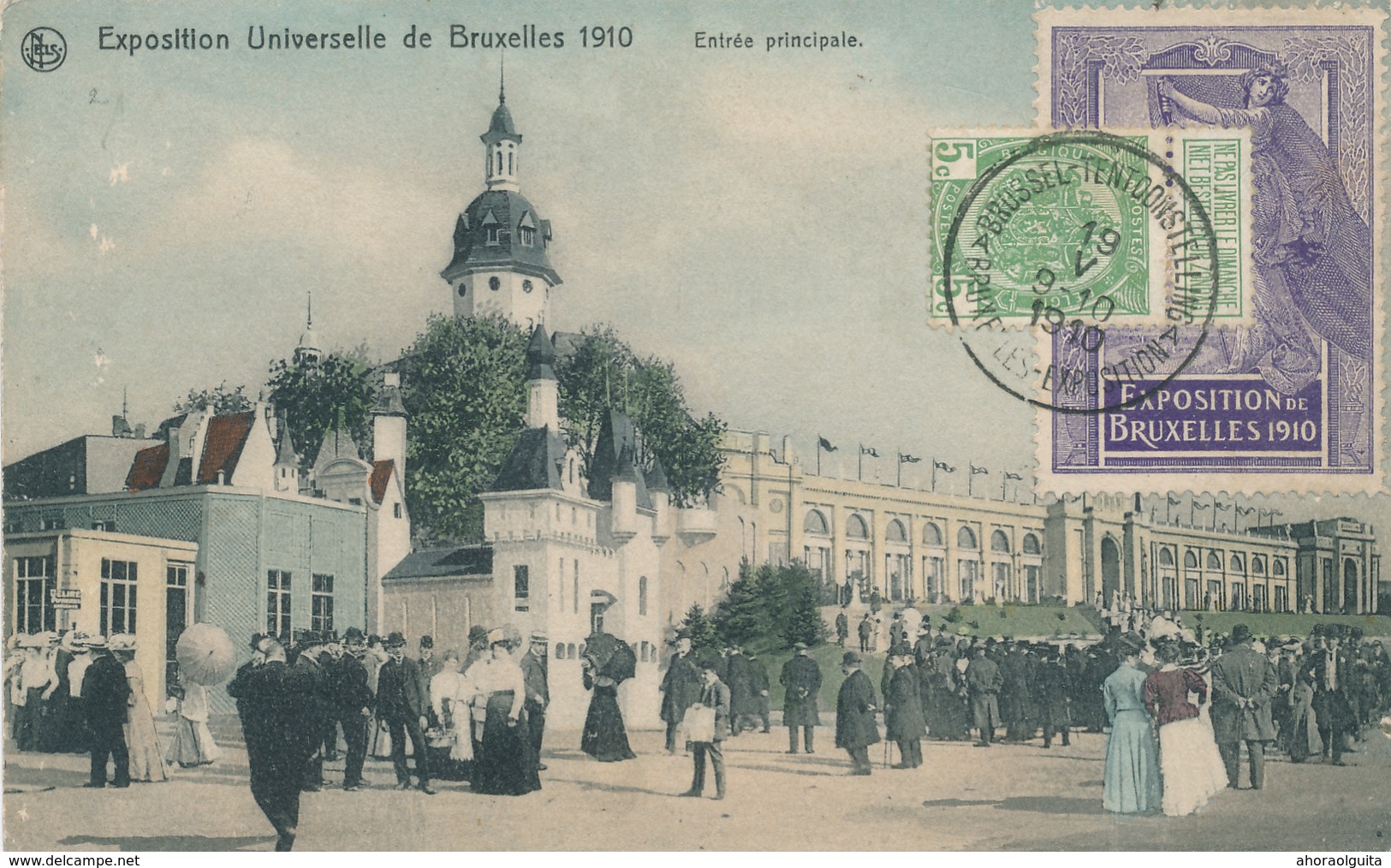 855/28 - BELGIQUE EXPOSITION BRUXELLES 1910 - Carte-Vue Expo + Vignette + TP Armoiries 5 C Vers ORLEANS France - Sonstige & Ohne Zuordnung