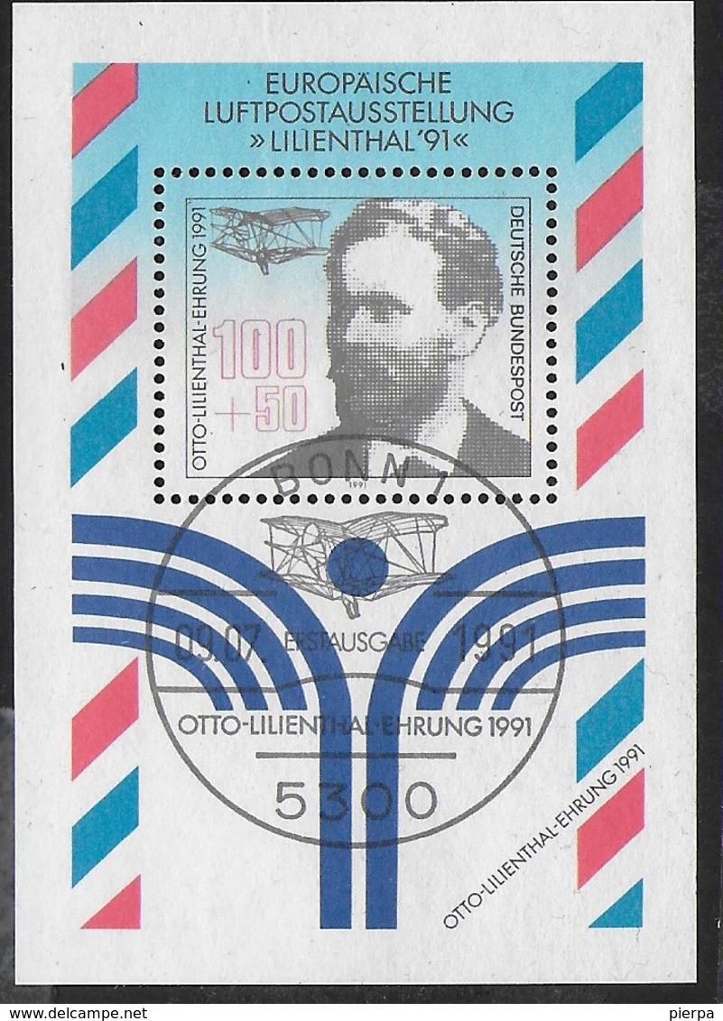 GERMANY - LILIENTHAL '91 - ESP. AEROFILATELIA  - FOGLIETTO USATO ANNULLO SPECIALE F. D.C.-  (YVERT BF23 -  MICHEL BL24) - Philatelic Exhibitions