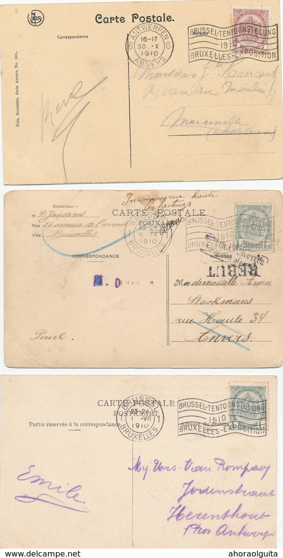 856/28 - BELGIQUE EXPOSITION BRUXELLES 1910 - 6 Cartes-Vue TP Armoiries Cachets Divers EXPO , 1 X REBUT - Other & Unclassified