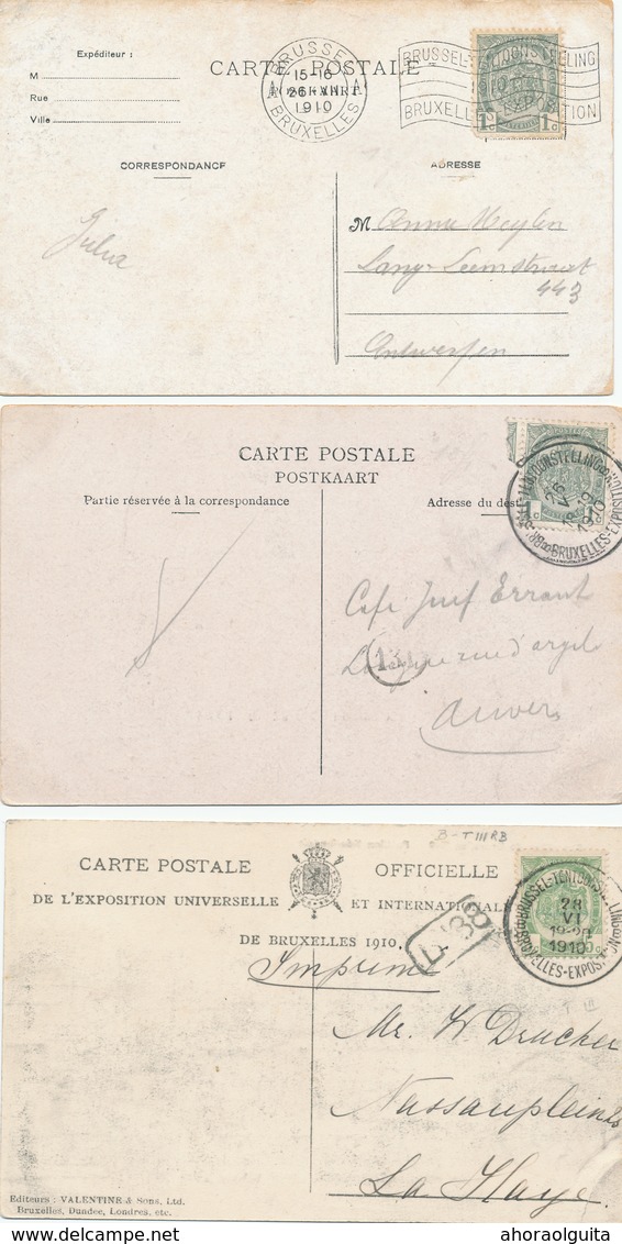 856/28 - BELGIQUE EXPOSITION BRUXELLES 1910 - 6 Cartes-Vue TP Armoiries Cachets Divers EXPO , 1 X REBUT - Otros & Sin Clasificación