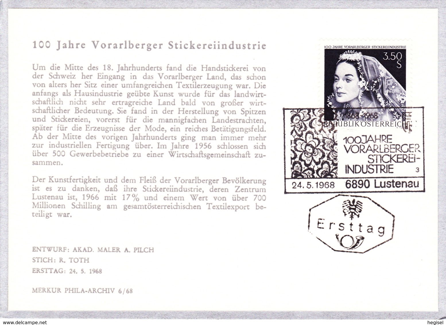 1968 Vorarlb. Stickereiindustrie FDC Karte (ANK 1291, Mi 1261) - FDC