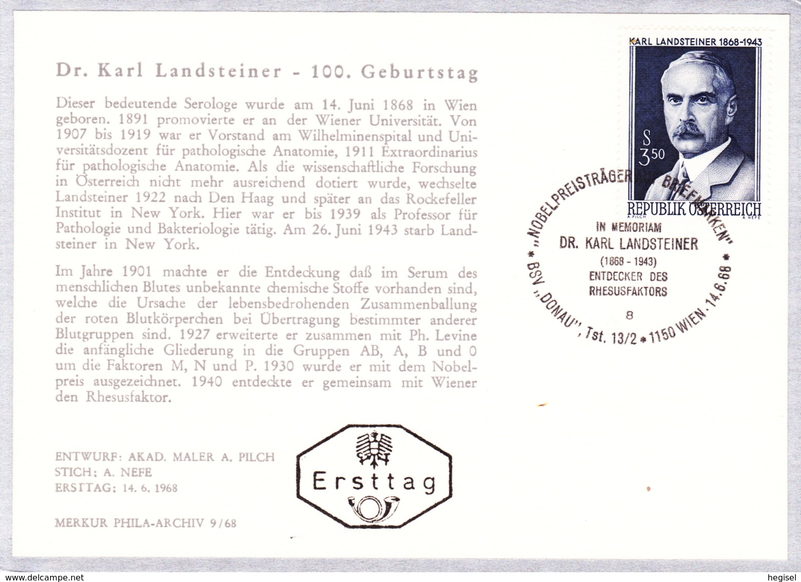 1968 100. Geb. Dr. Karl Landsteiner FDC Karte (ANK 1296, Mi 1266) - FDC