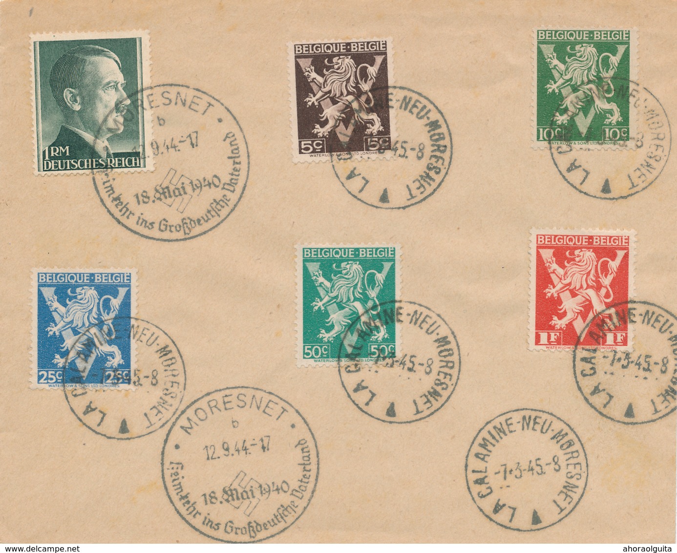 861/28 - CANTONS DE L'EST - Enveloppe Souvenir TP Hitler MORESNET 1944 + Lions V LA CALAMINE NEU MORESNET 1945 - Covers & Documents