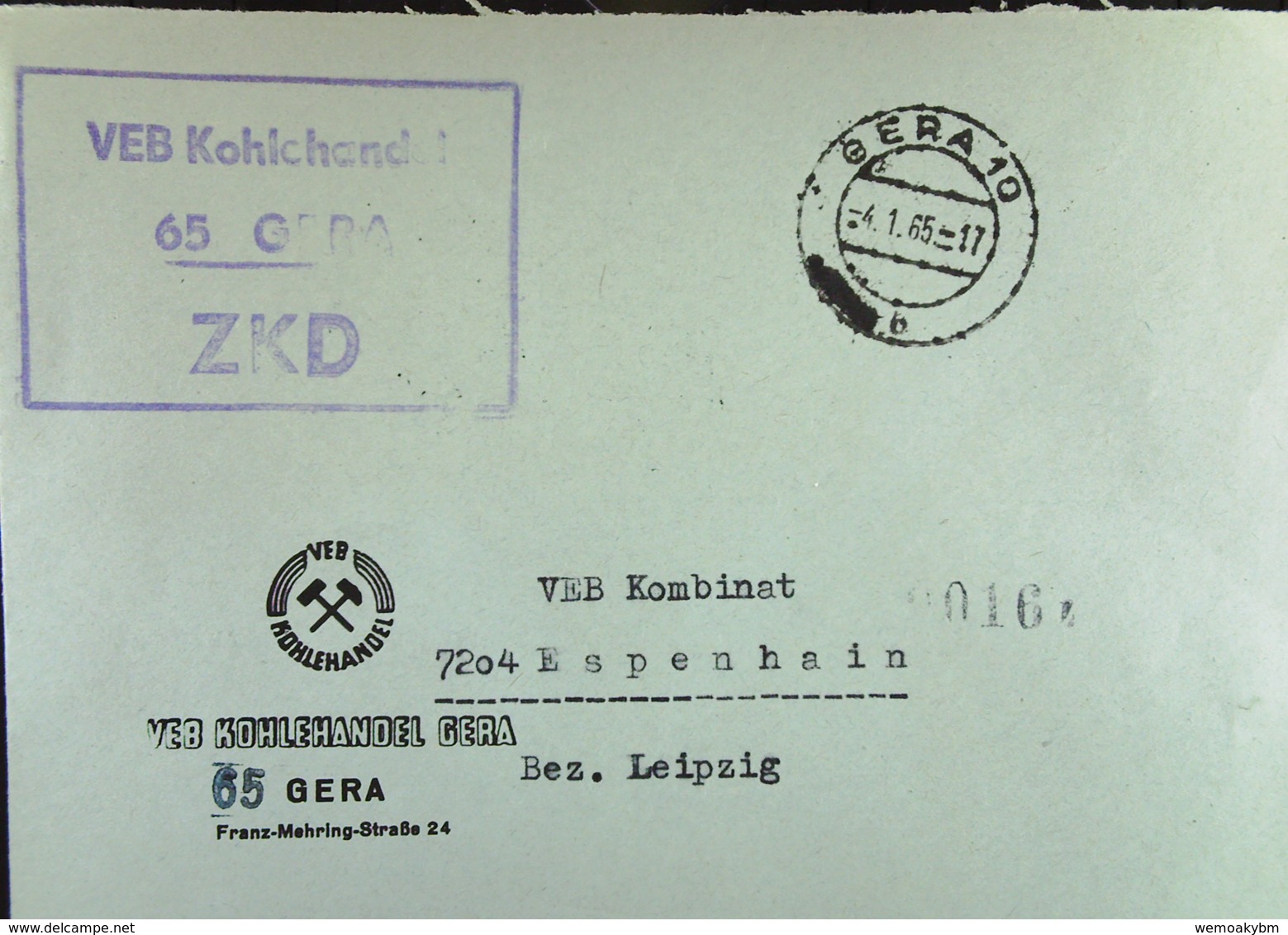 DDR: ZKD-Fern-Brief Mit ZKD-KSt. GERA Vom 4.1.65, Abs. VEB Kohlehandel Gera - Autres & Non Classés