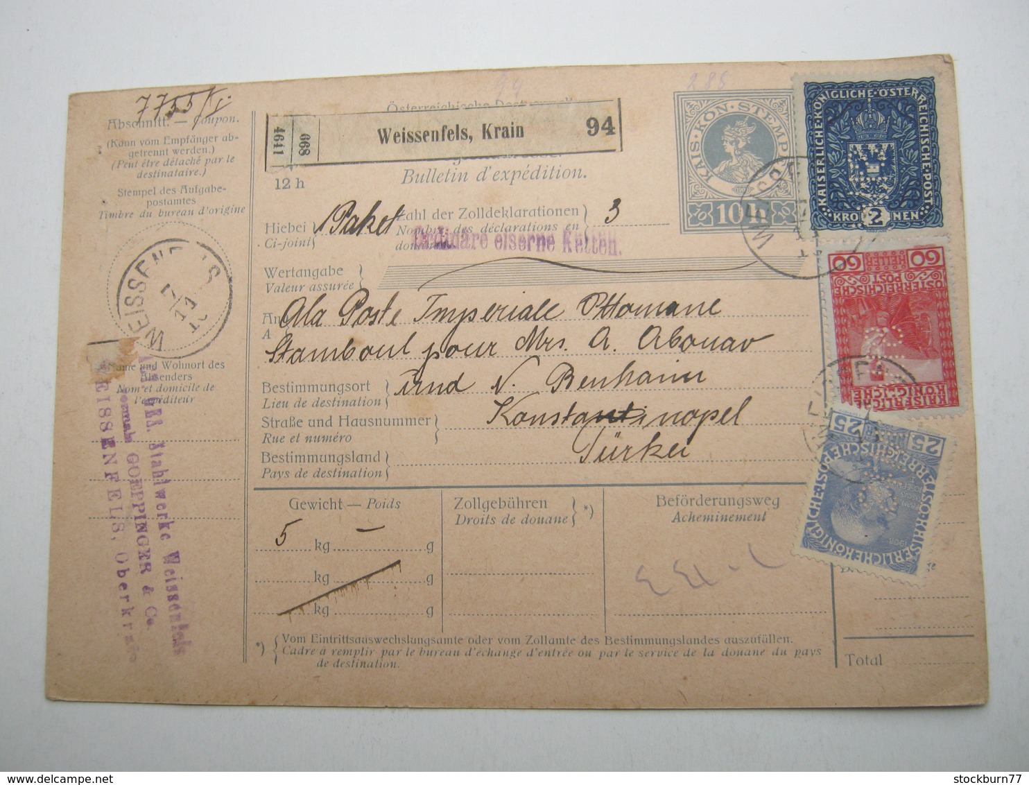 1916 , WEISSENFELS, Krain , Paketkarte Mit Firmenlochungen , 3 Werte , Perfin, Nach Konstantinopel - Covers & Documents