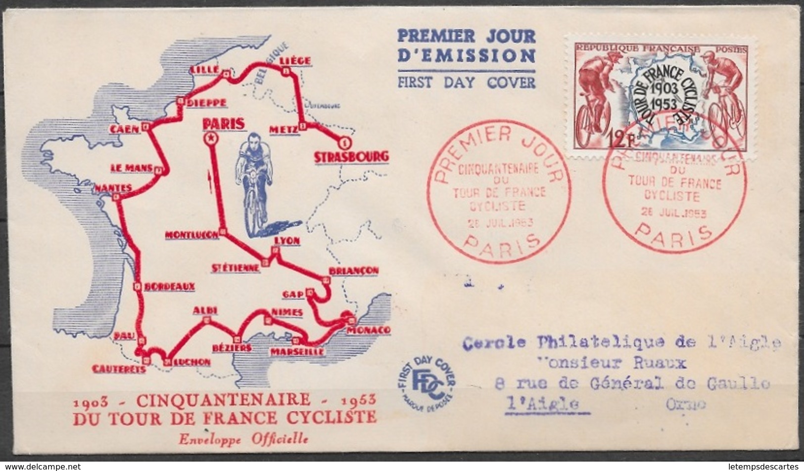 T 00454 - France 1953, FDC Tour De France - 1950-1959