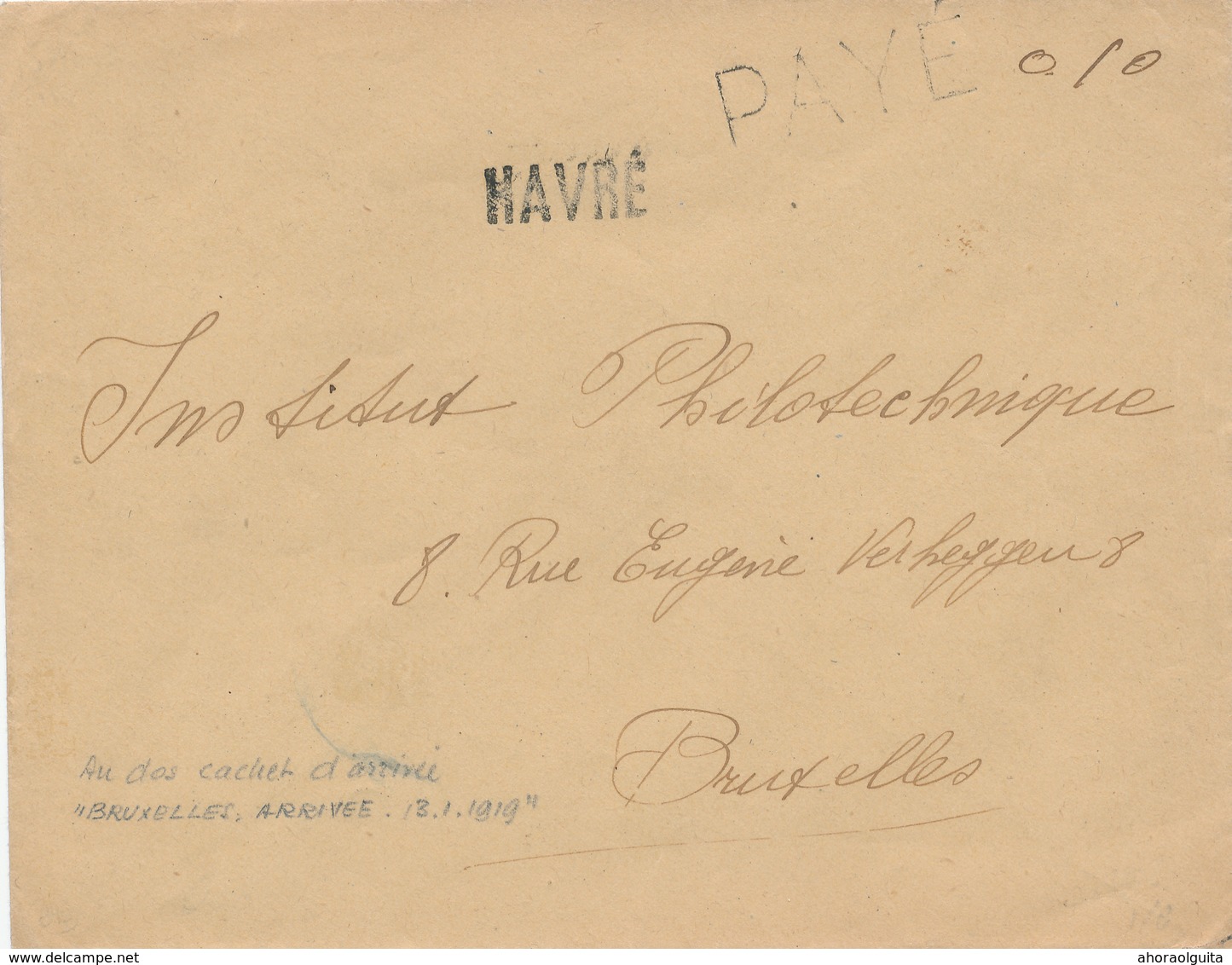 873/28 - FORTUNES 1919 - Enveloppe Griffes PAYE 0.10 Et HAVRE Vers BXL Arrivée 13.1.19 - Fortuna (1919)