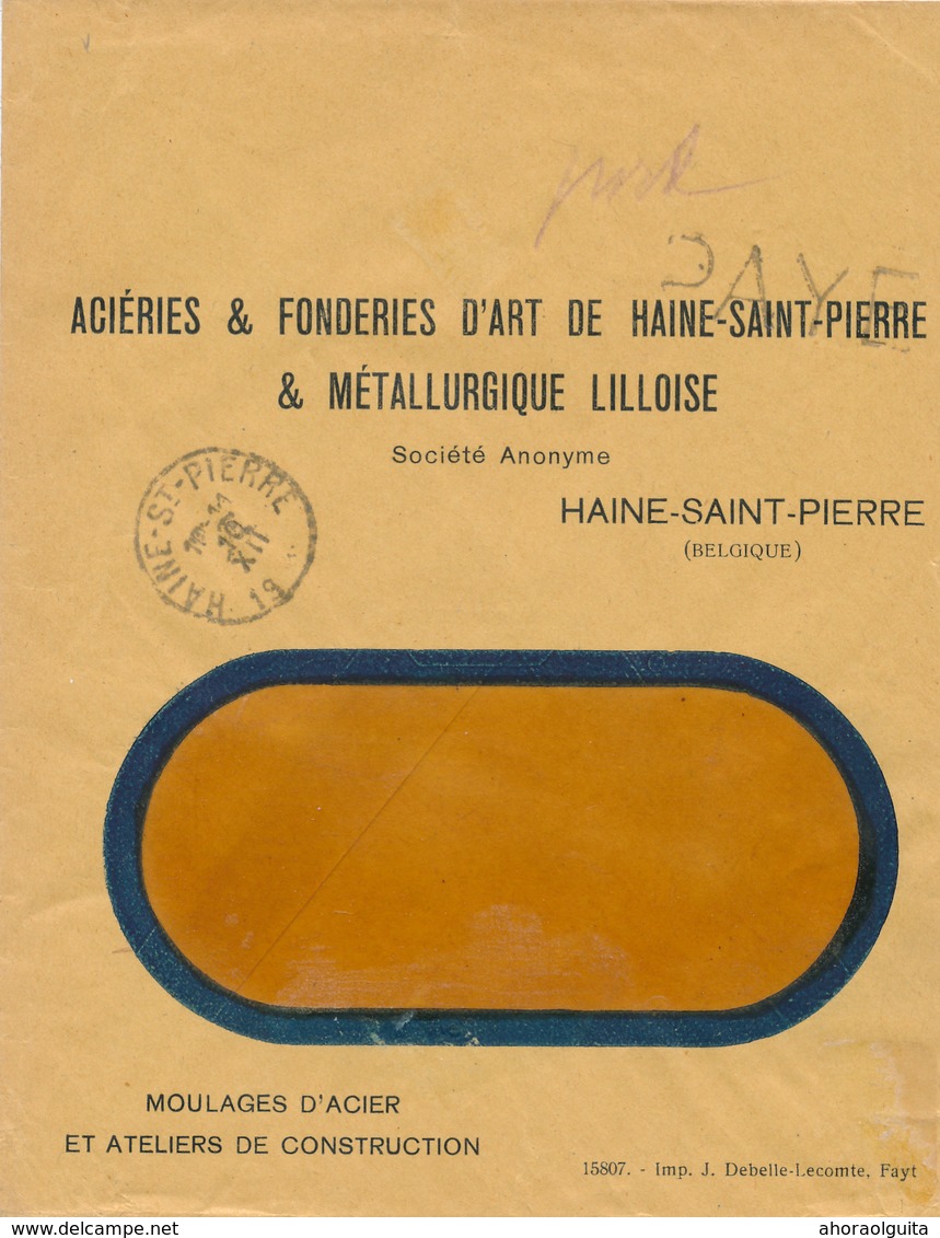 875/28 - FORTUNES 1919 - Enveloppe Griffe PAYE 0.10 Et Cachet HAINE ST PIERRE - Entete Aciéries Et Fonderies De HAINE - Fortune Cancels (1919)