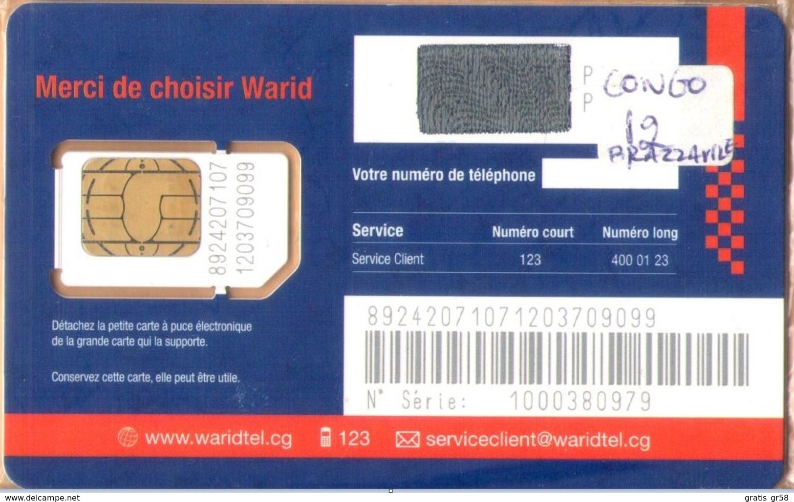 Congo (Brazzaville) - CG-WAR-GSM-0001B, Warid - GSM / SIM, Communiquez Sans Limite, Communicate Without Limit, Mint - Congo