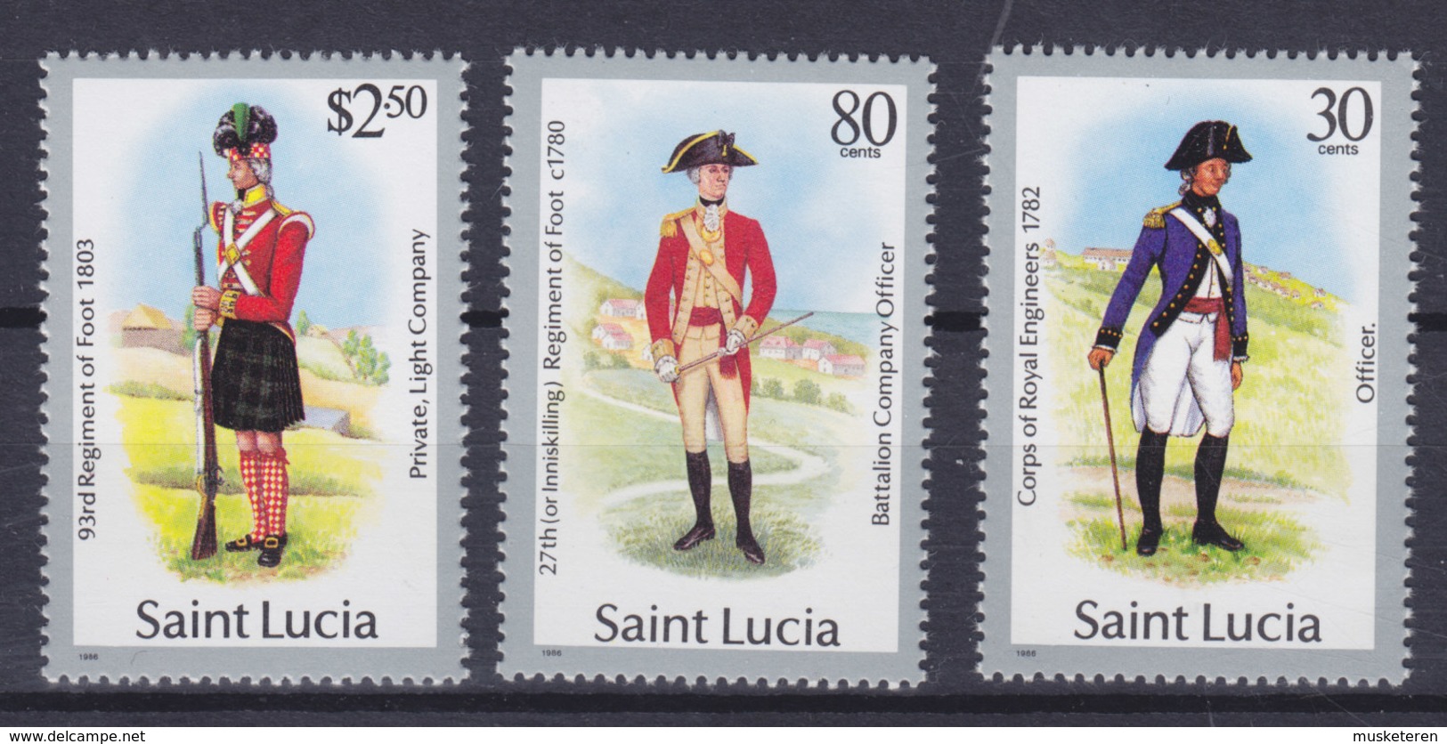 St. Lucia 1985-87 Mi. 760 II, 888 I, 751 II     2.50 $, 80c., 30c., Militäruniformen (Jahreszahl 1986) MNH** - St.Lucia (1979-...)