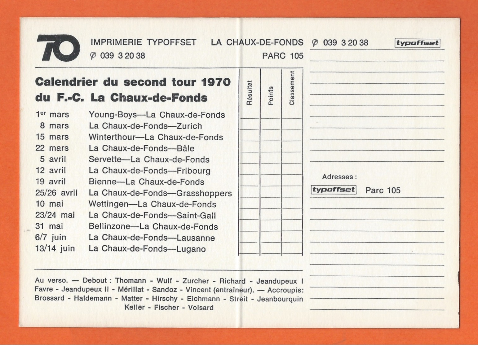 FC Football Club La Chaux-de-Fonds 1970 - Stade,Stadium,Stadio, Fußball,Calcio,Fútbol,carte De Visite Pliable En Deux - Soccer