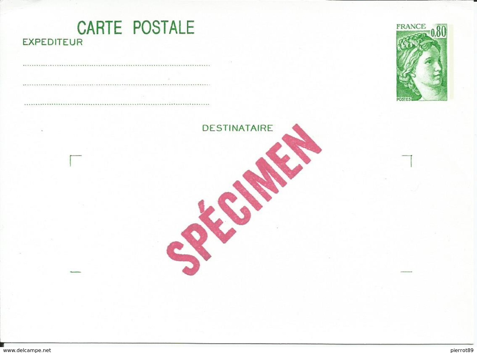 Entier Cp Sabine 0.80fr Specimen - Cartes Postales Types Et TSC (avant 1995)