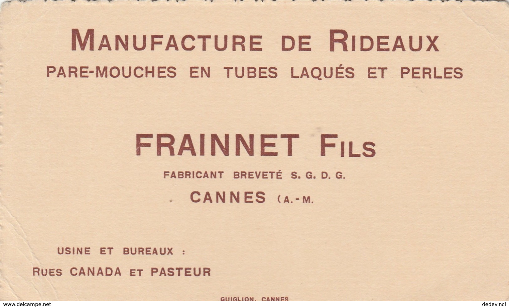 Manufacture De Rideaux Frainnet Fils Cannes - Autres & Non Classés