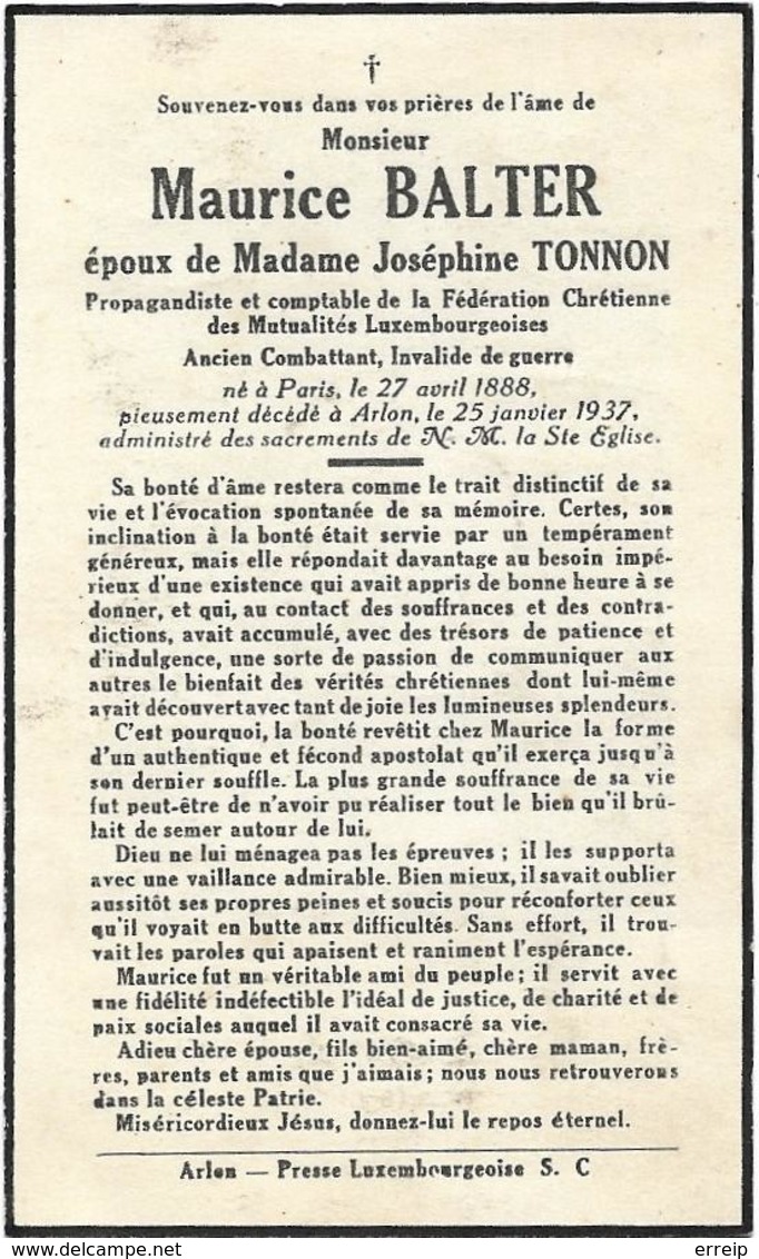 Arlon Maurice Balter Paris 1888 Arlon 1937 époux De Joséphine Tonnon - Aarlen