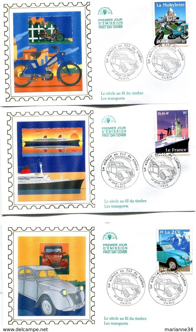 France-FDC 2002-yt 3471 à 3475- Le Siècle Au Fil Du Timbre, Transports- (5 Env.) - 2000-2009