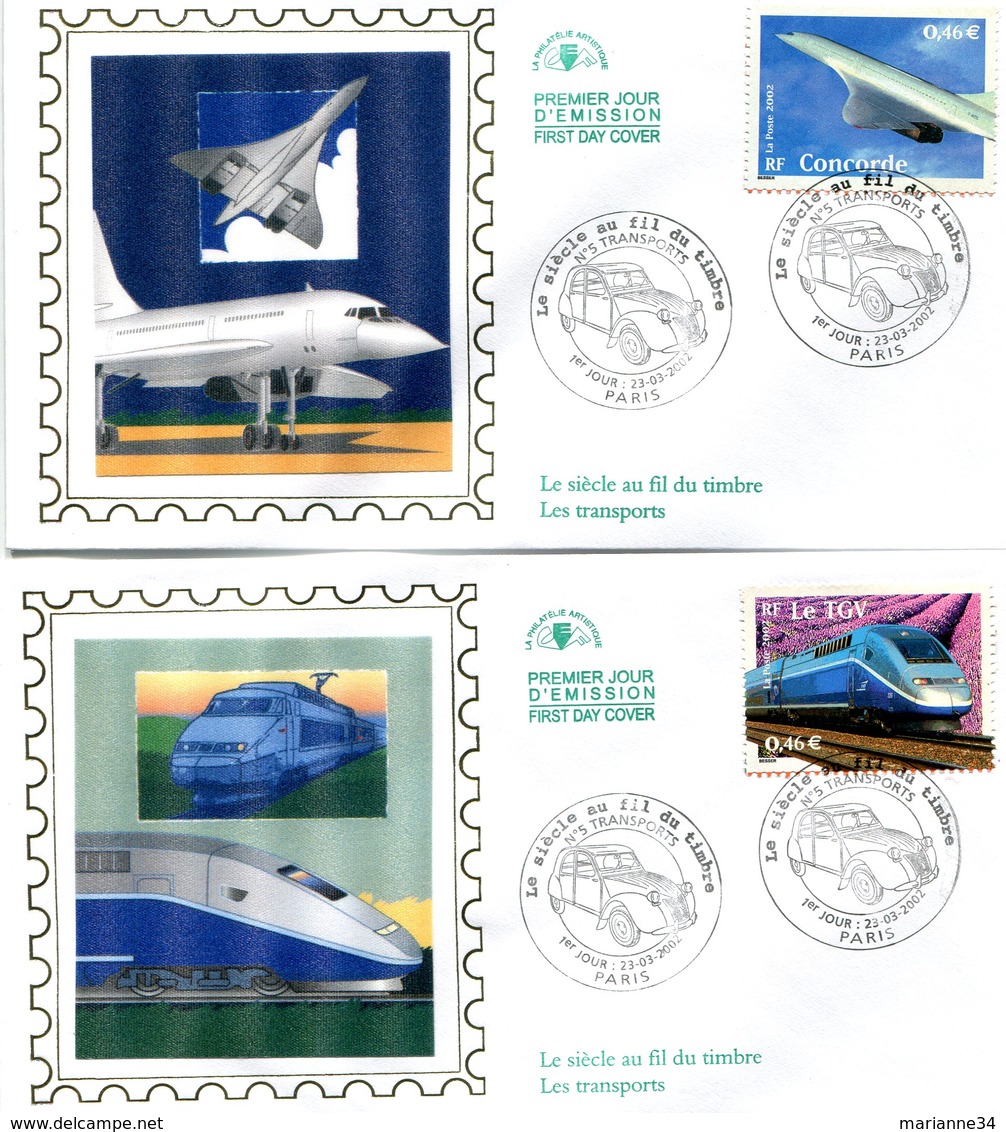 France-FDC 2002-yt 3471 à 3475- Le Siècle Au Fil Du Timbre, Transports- (5 Env.) - 2000-2009