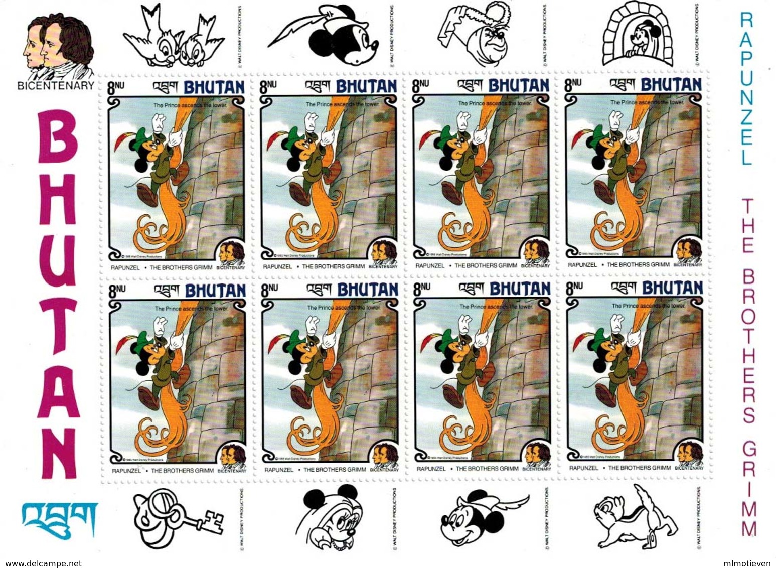 MWD-BK6-278 MINT PF/MNH ¤ BHUTAN 1985 8w In Serie ¤ GRIMM ¤ THE WORLD OF WALT DISNEY -- FRIENDS OF WALT DISNEY - Disney