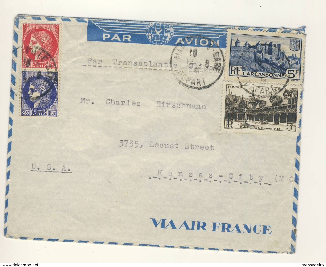 (C13) - Y&T N°373+375A+392+499 - LETTRE AVION MARSEILLE => USA 1941 - TARIF 1-10 GRS DU 01/01/1941 - Covers & Documents